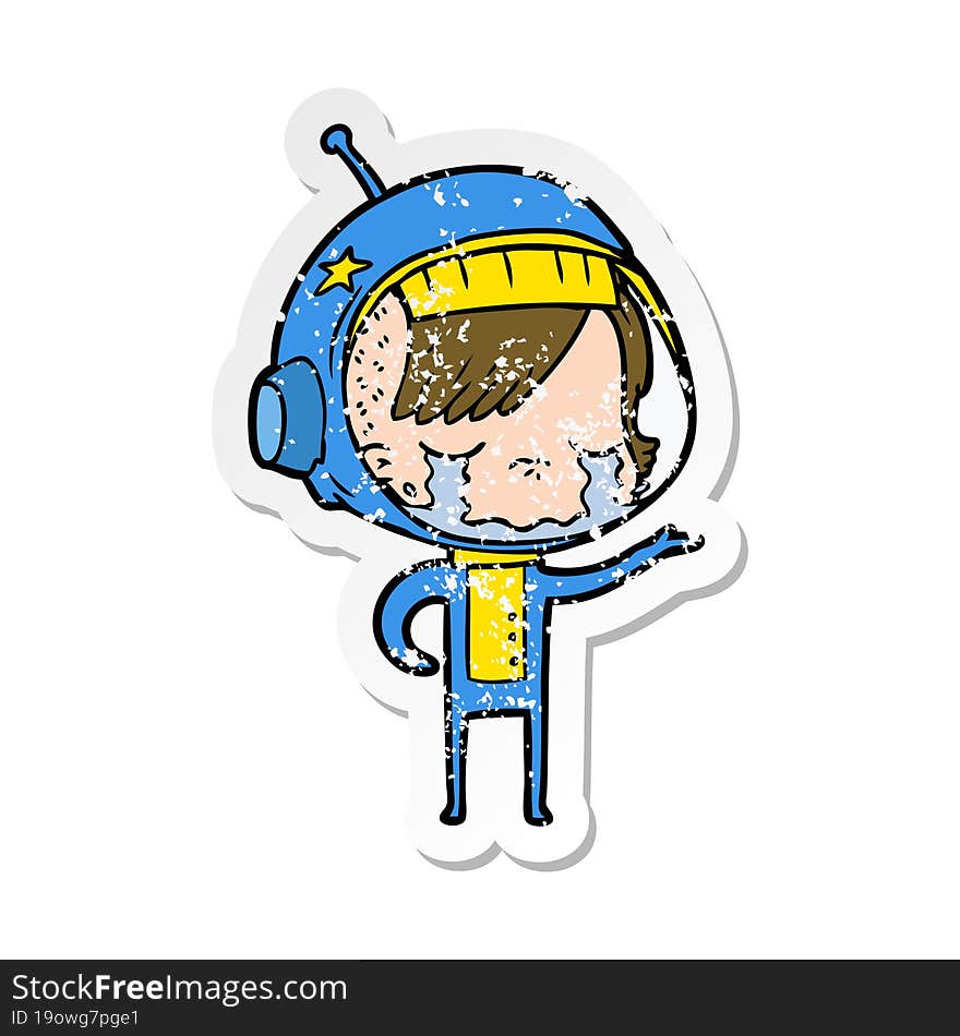 distressed sticker of a cartoon crying astronaut girl