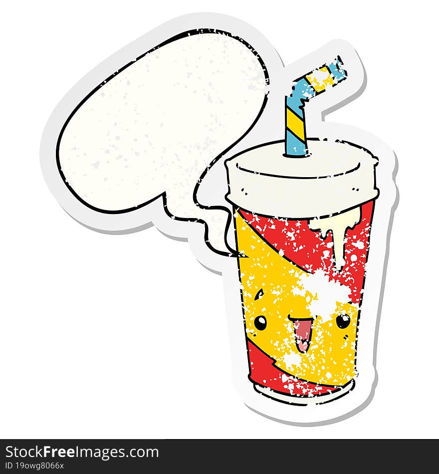 cartoon soda cup and speech bubble distressed sticker