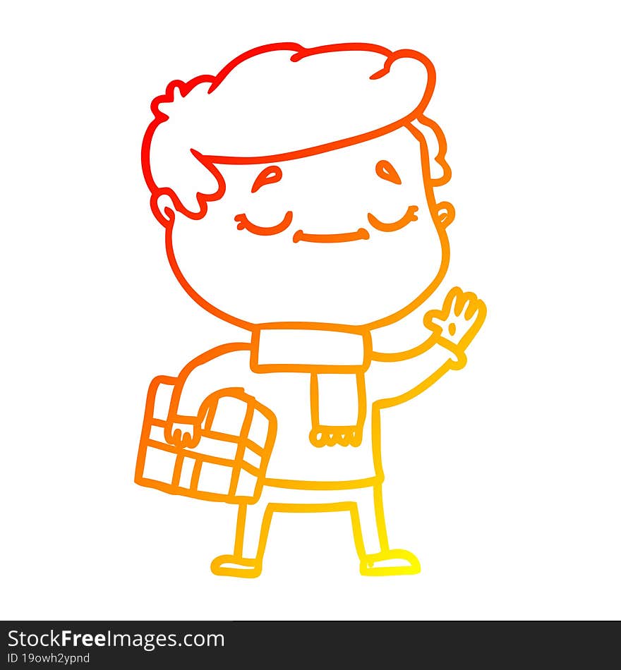 Warm Gradient Line Drawing Cartoon Man Carrying Christmas Present Waving