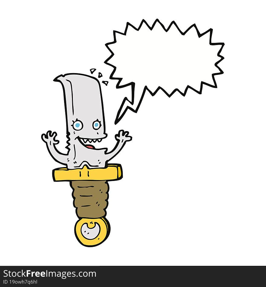 crazy cartoon knife character with speech bubble