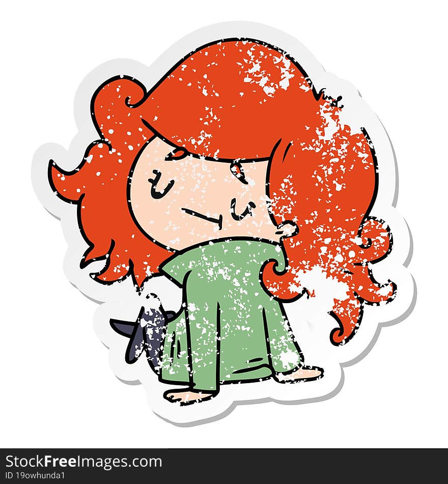 distressed sticker cartoon illustration of a cute kawaii girl. distressed sticker cartoon illustration of a cute kawaii girl