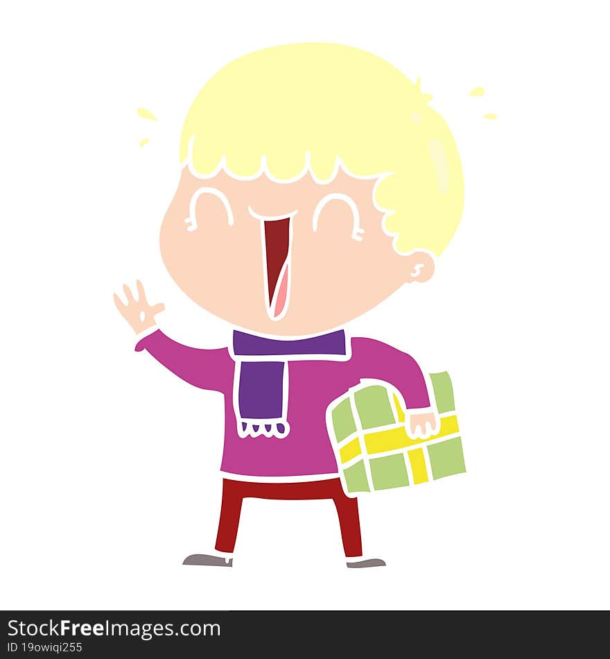 Laughing Flat Color Style Cartoon Man With Present