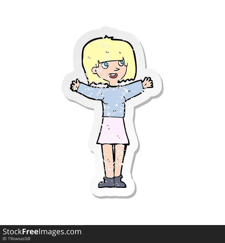 retro distressed sticker of a cartoon excited woman