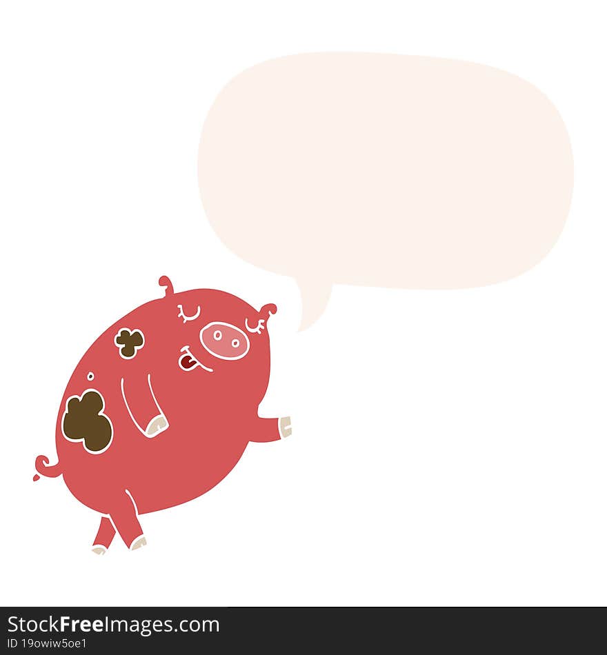 cartoon dancing pig and speech bubble in retro style