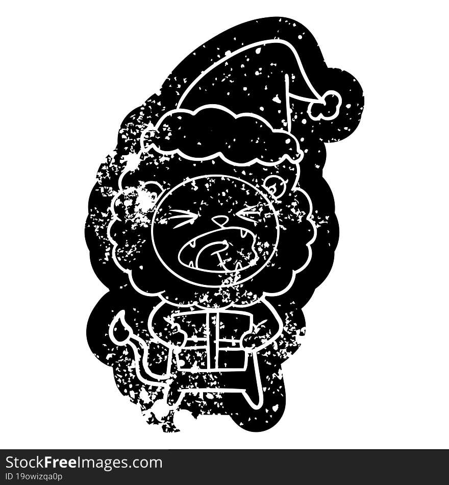 cartoon distressed icon of a lion with christmas present wearing santa hat