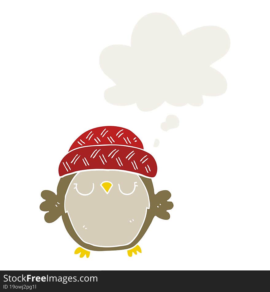 cute cartoon owl in hat and thought bubble in retro style