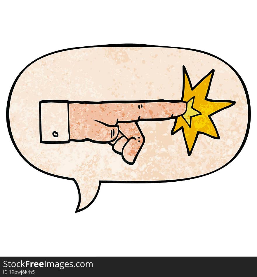 cartoon pointing hand and speech bubble in retro texture style