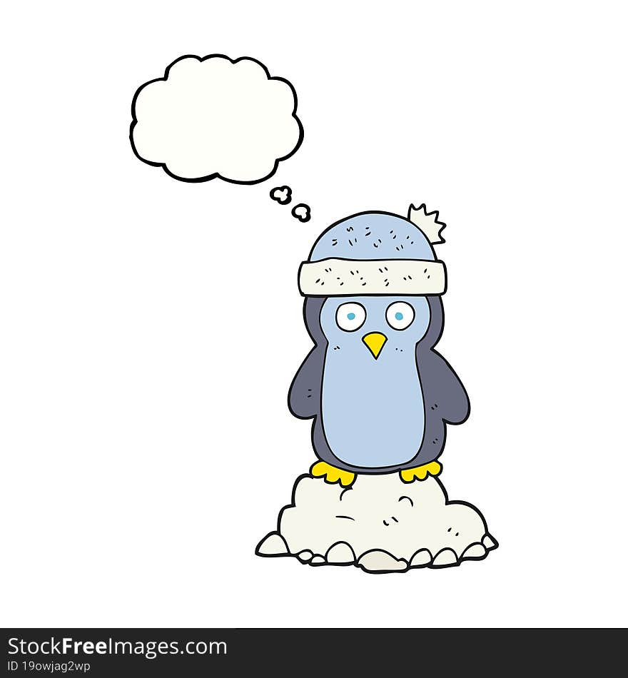 freehand drawn thought bubble cartoon penguin wearing hat