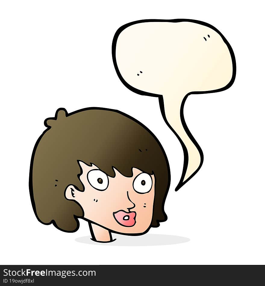 cartoon happy female face with speech bubble