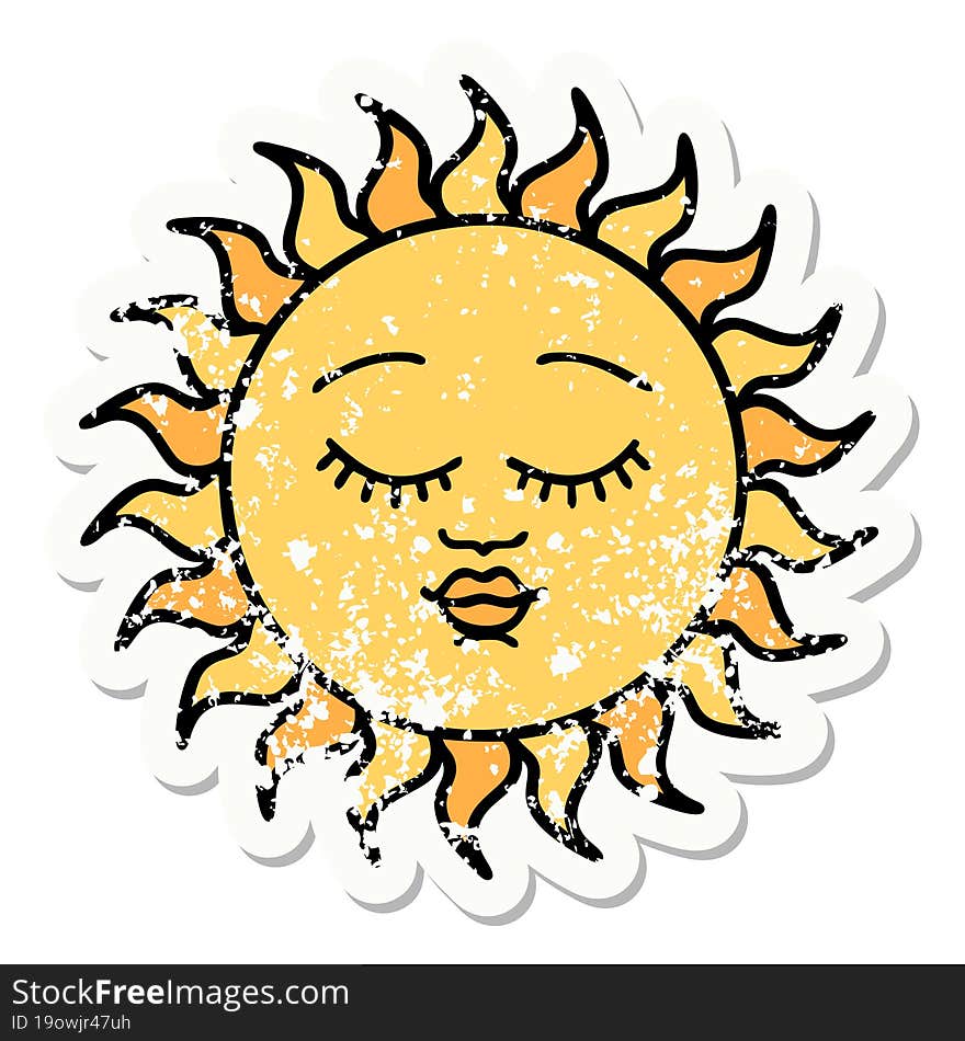 traditional distressed sticker tattoo of a sun with face