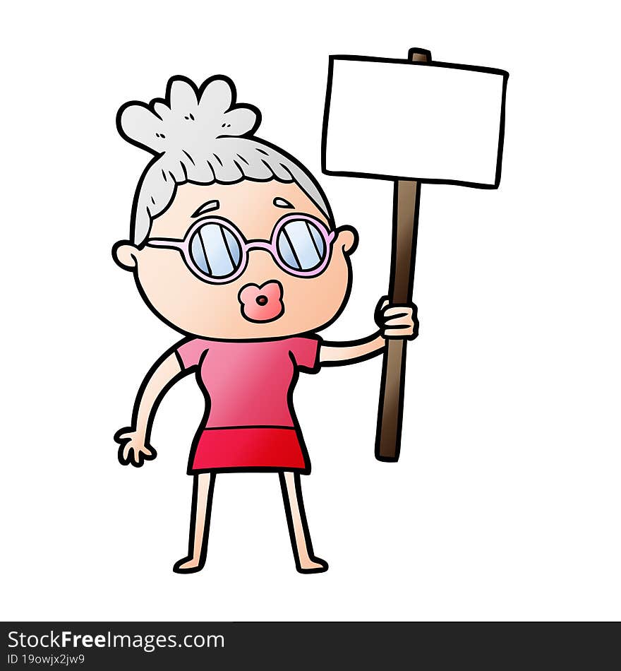 cartoon protester woman wearing spectacles. cartoon protester woman wearing spectacles