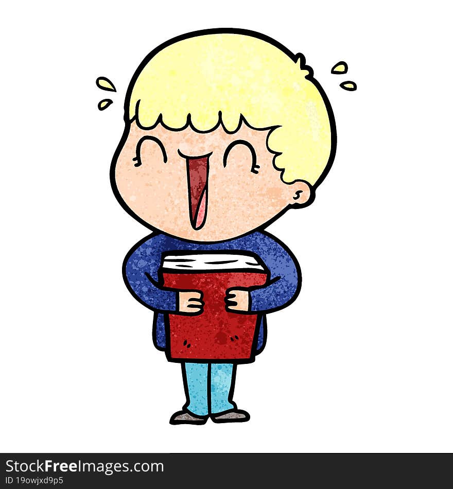 laughing cartoon man holding book. laughing cartoon man holding book