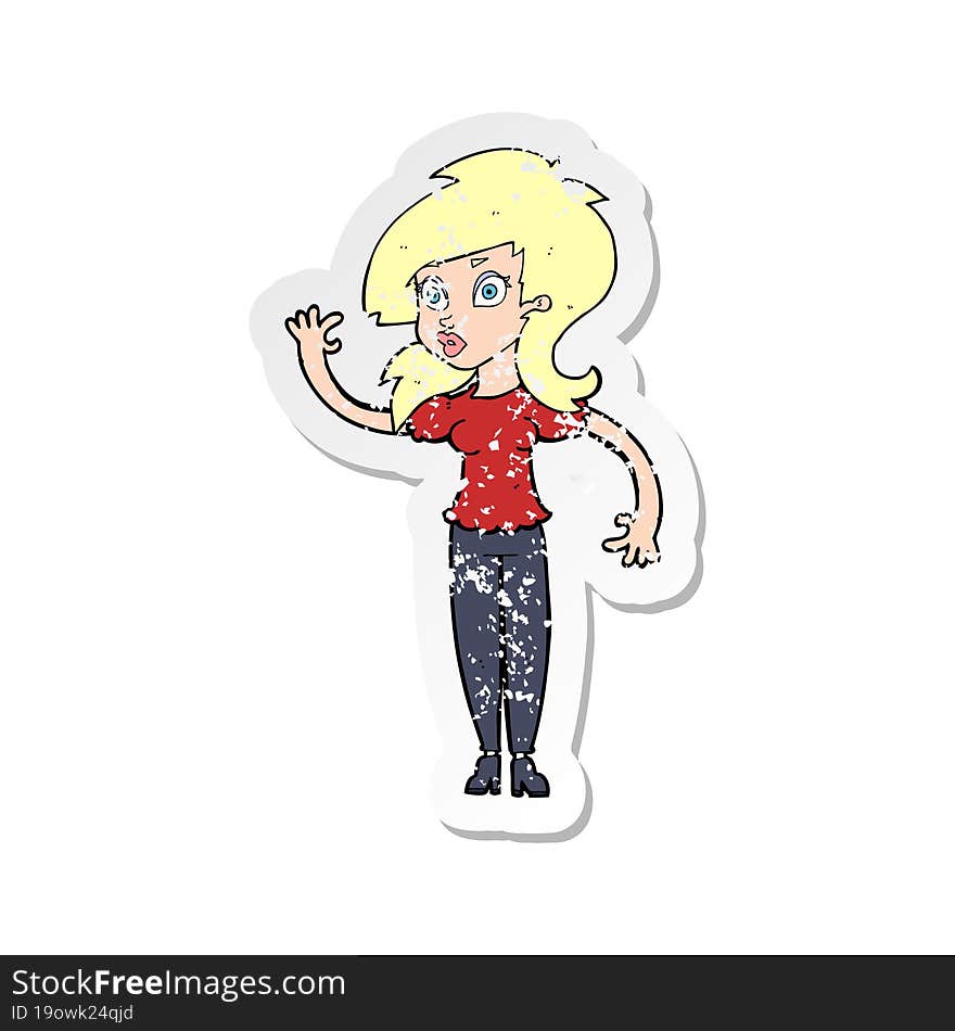 retro distressed sticker of a cartoon pretty woman waving