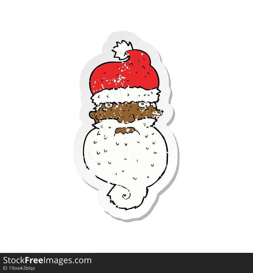 retro distressed sticker of a cartoon grim santa face