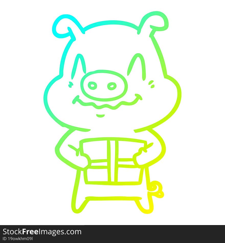 cold gradient line drawing of a nervous cartoon pig with present