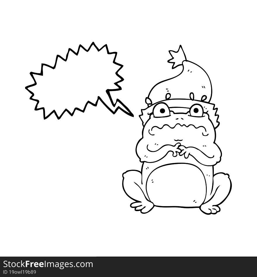 freehand drawn speech bubble cartoon frog in christmas hat