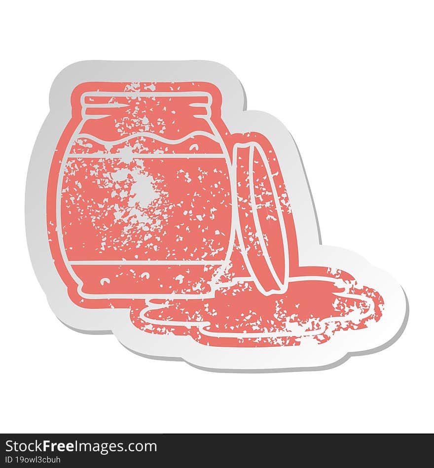 distressed old cartoon sticker of a strawberry jam. distressed old cartoon sticker of a strawberry jam