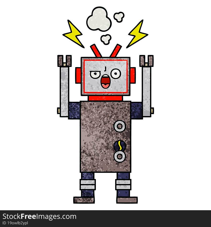 retro grunge texture cartoon of a broken robot