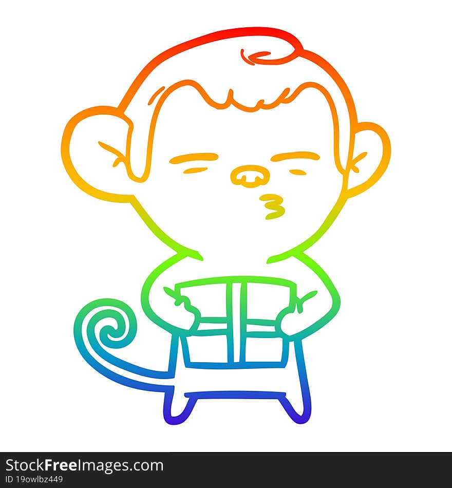 rainbow gradient line drawing cartoon suspicious monkey with present