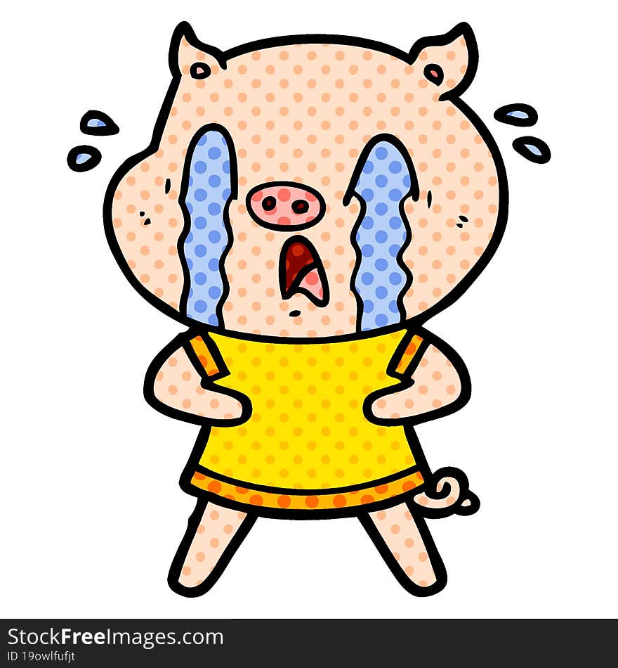 crying pig cartoon wearing human clothes. crying pig cartoon wearing human clothes