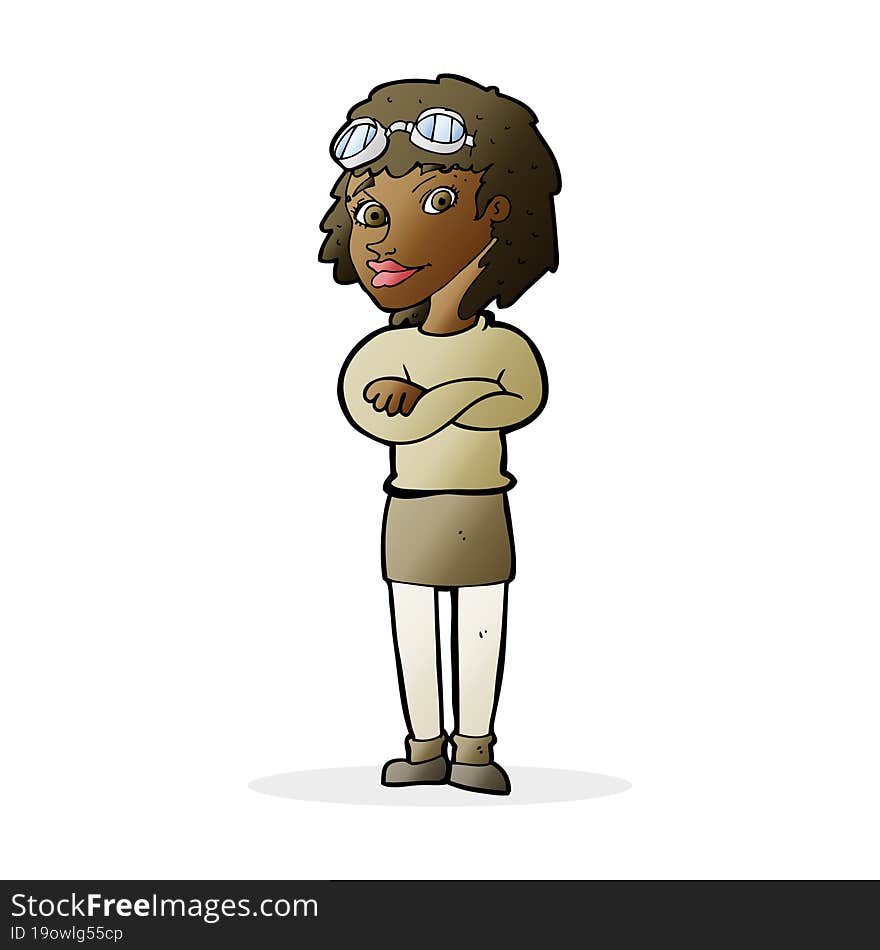 cartoon woman with crossed arms and safety goggles