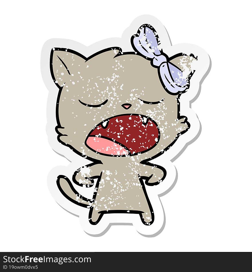 distressed sticker of a cartoon yawning cat