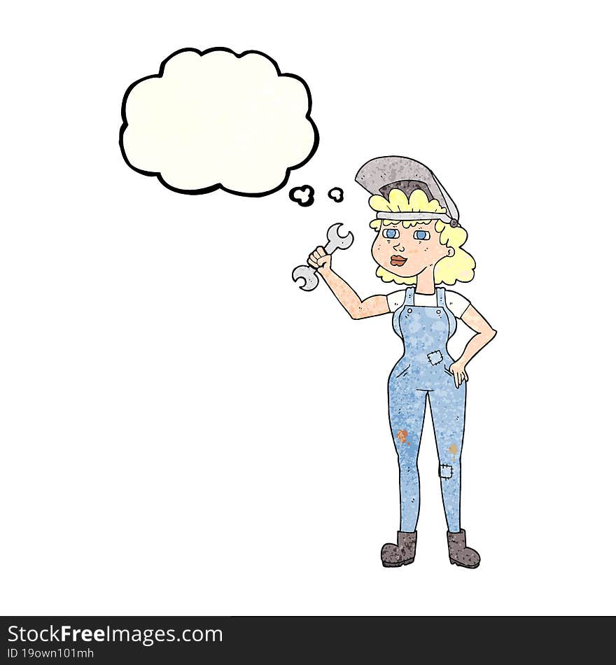 freehand drawn thought bubble textured cartoon woman with spanner