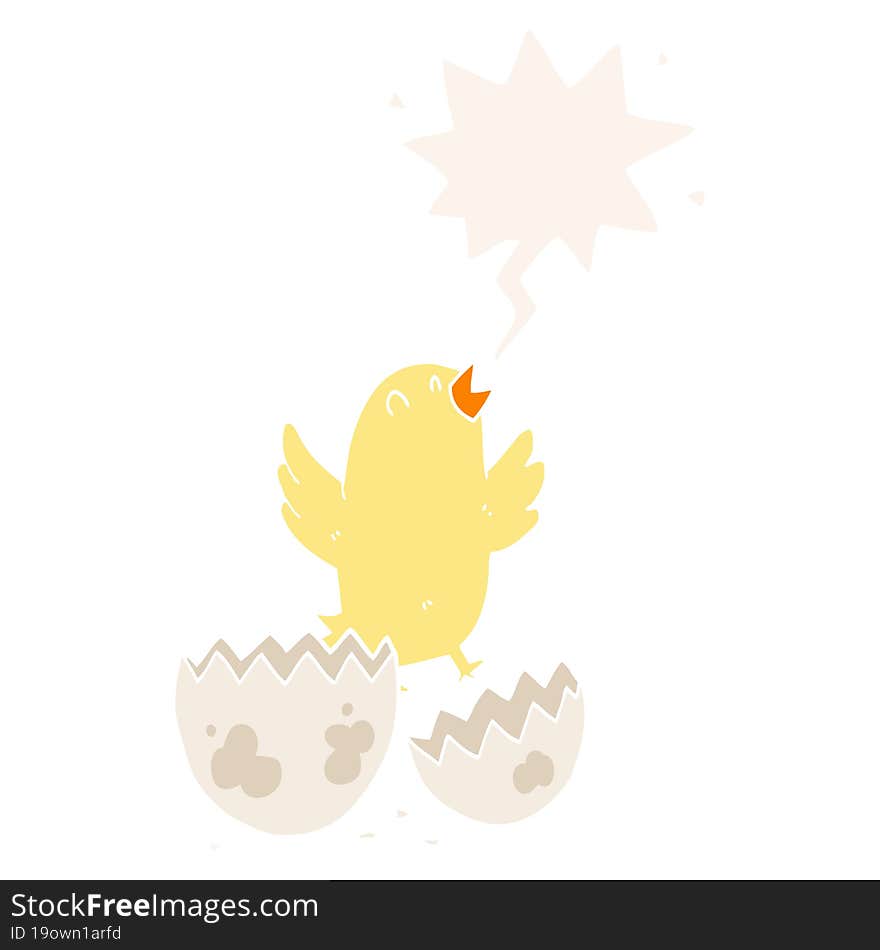 cartoon bird hatching from egg with speech bubble in retro style