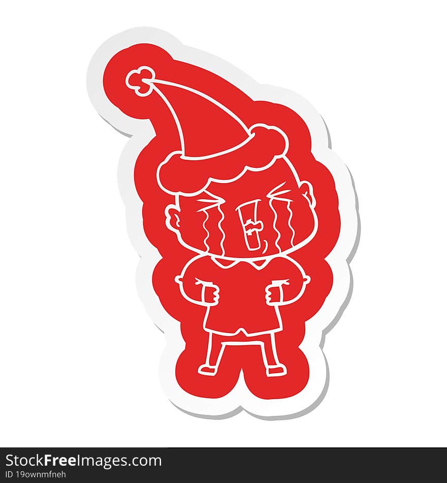 cartoon  sticker of a crying bald man wearing santa hat