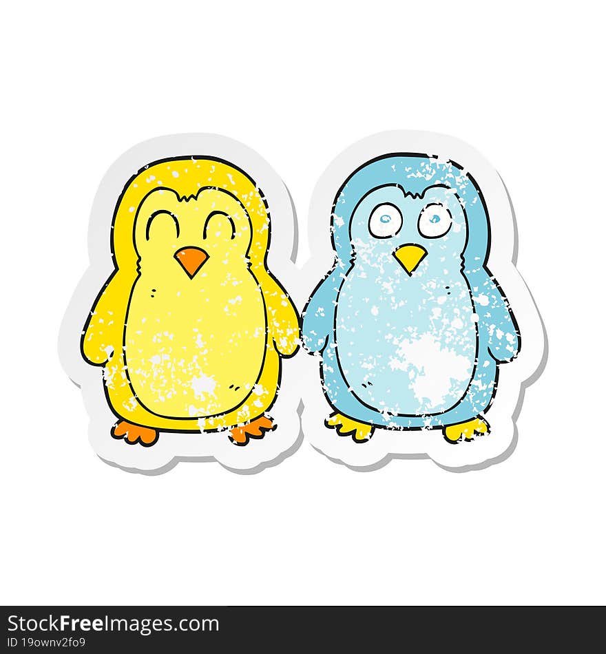 retro distressed sticker of a cartoon birds holding hands