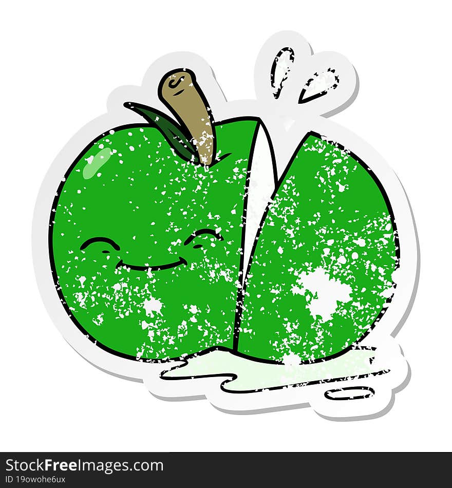 distressed sticker of a cartoon sliced apple