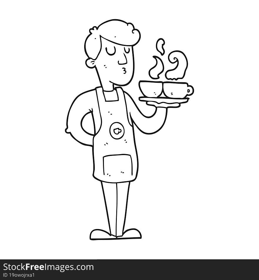 freehand drawn black and white cartoon barista serving coffee