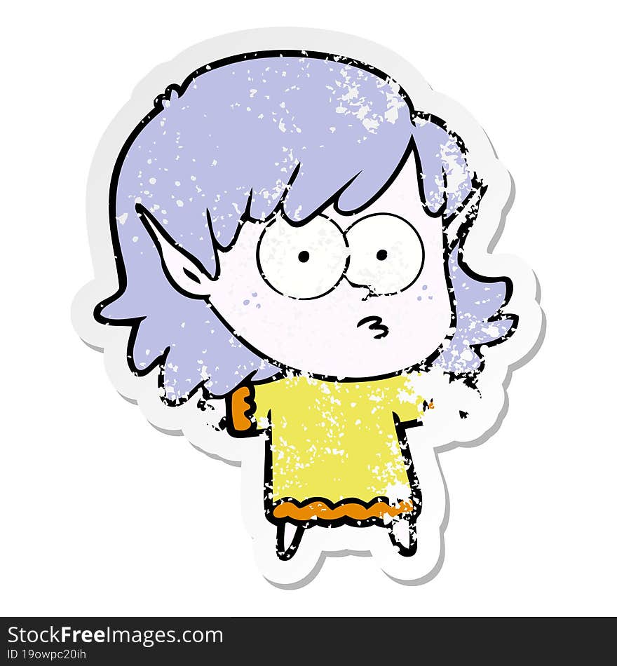 distressed sticker of a cartoon elf girl staring