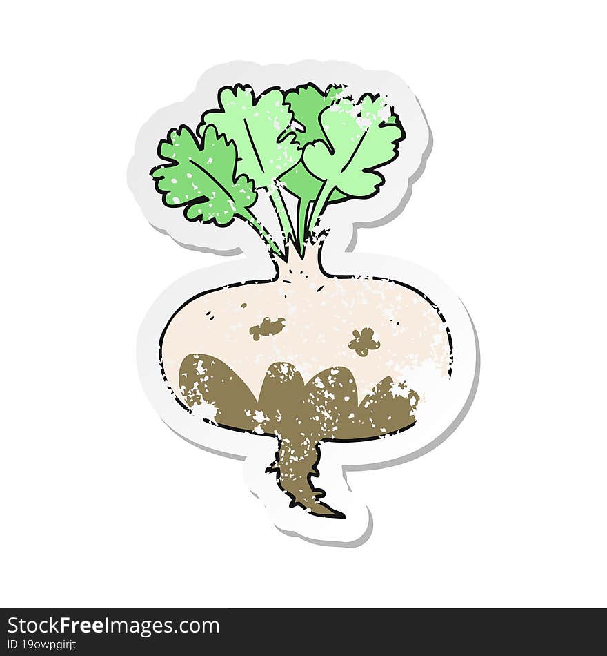 retro distressed sticker of a cartoon muddy turnip