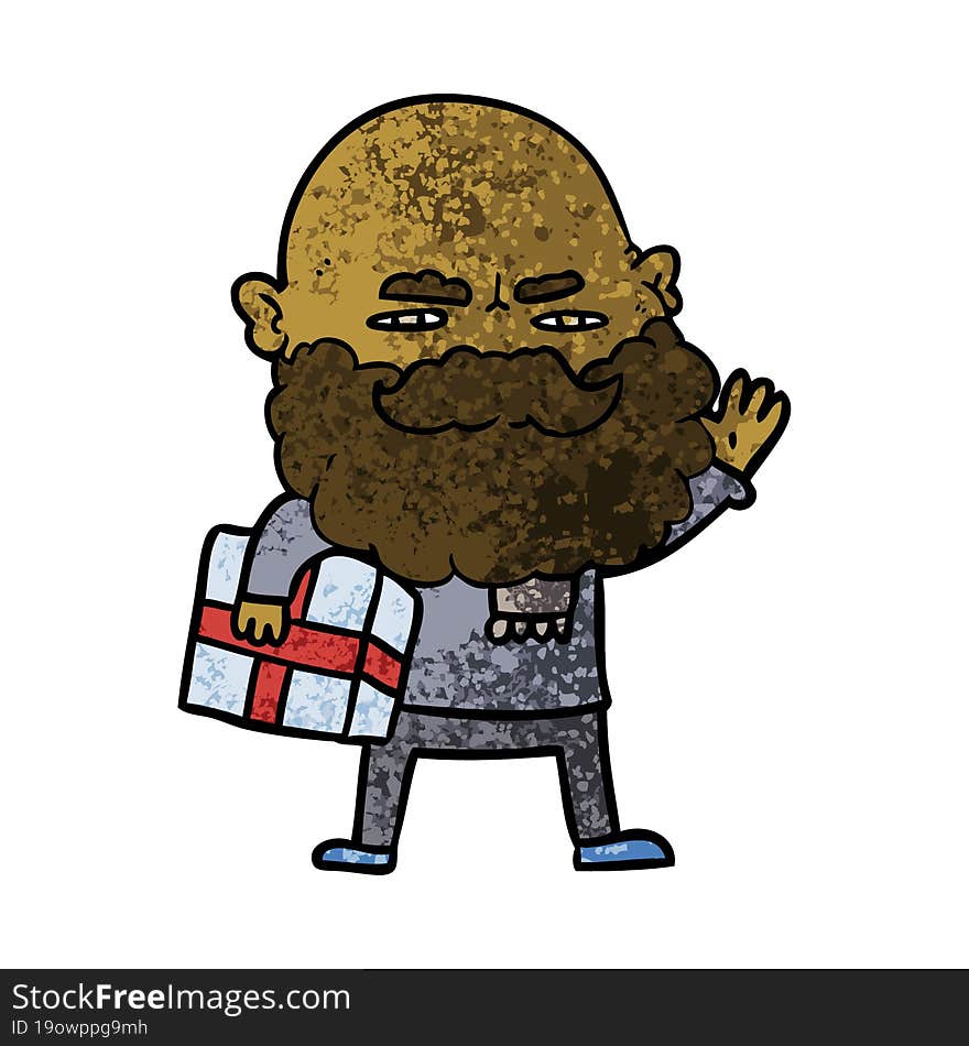 cartoon man with beard frowning with xmas gift. cartoon man with beard frowning with xmas gift