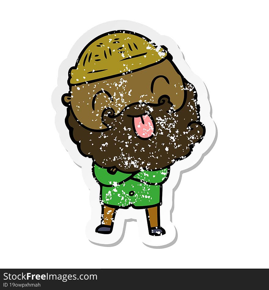 distressed sticker of a man with beard sticking out tongue