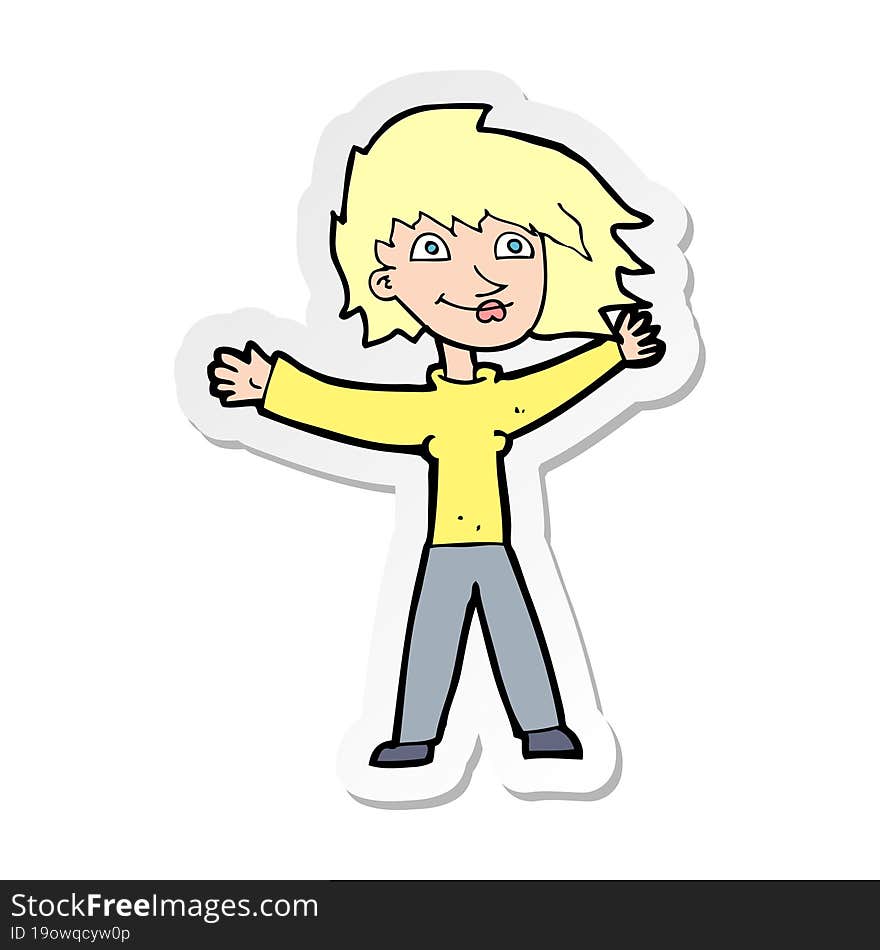 Sticker Of A Cartoon Excited Woman Waving