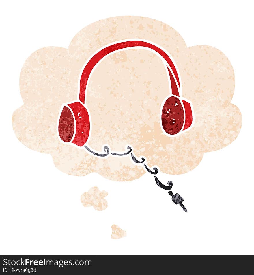 cartoon headphones and thought bubble in retro textured style