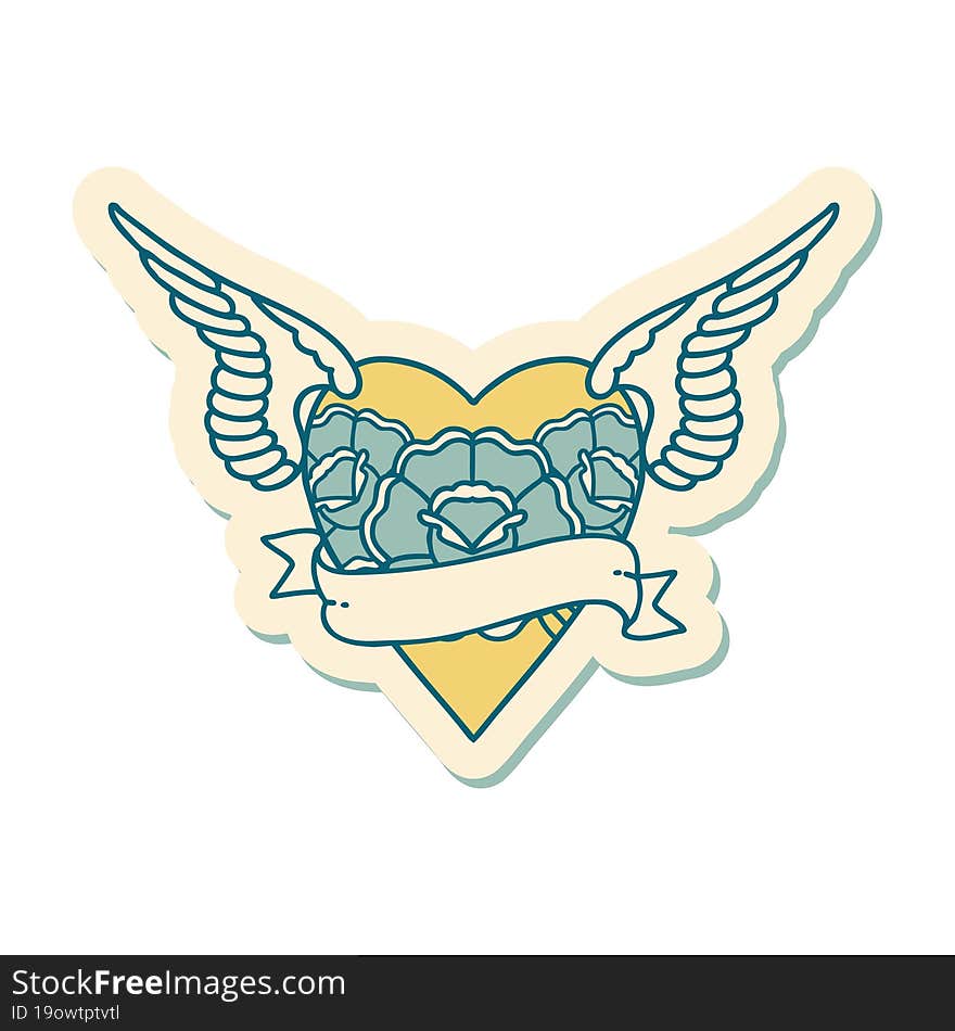 Tattoo Style Sticker Of A Heart With Wings Flowers And Banner