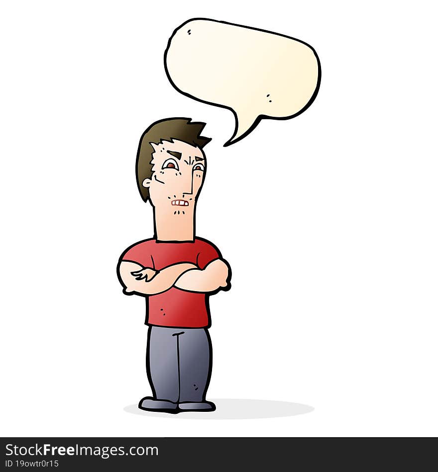 cartoon annoyed man with folded arms with speech bubble