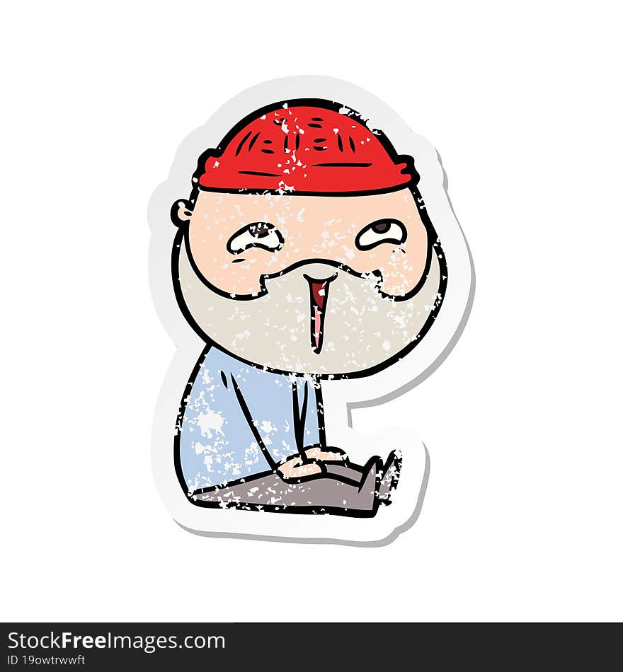 distressed sticker of a cartoon happy bearded man