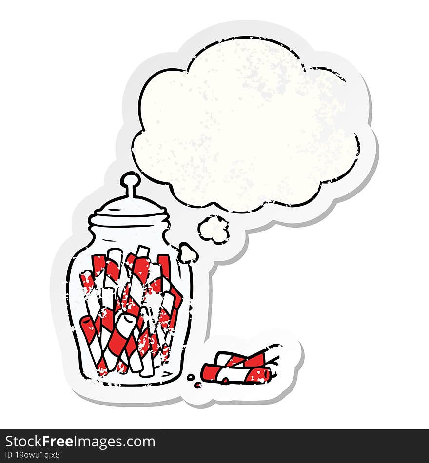 Cartoon Jar Of Candy And Thought Bubble As A Distressed Worn Sticker