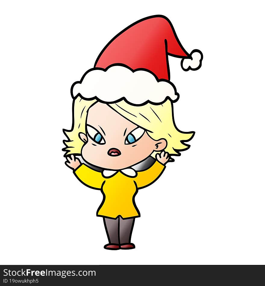 gradient cartoon of a stressed woman wearing santa hat