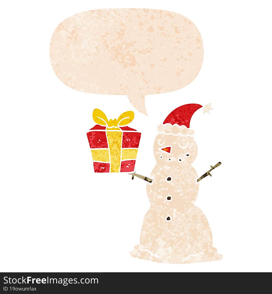 cartoon snowman with present and speech bubble in retro textured style