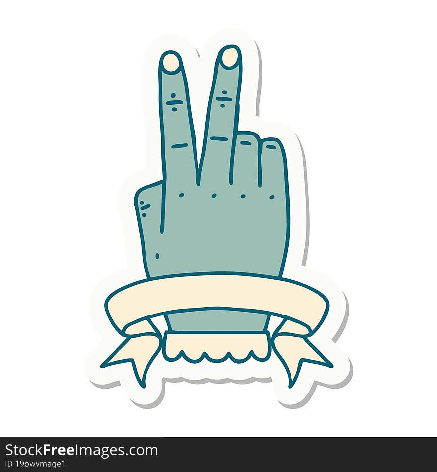 sticker of a victory v hand gesture with banner. sticker of a victory v hand gesture with banner