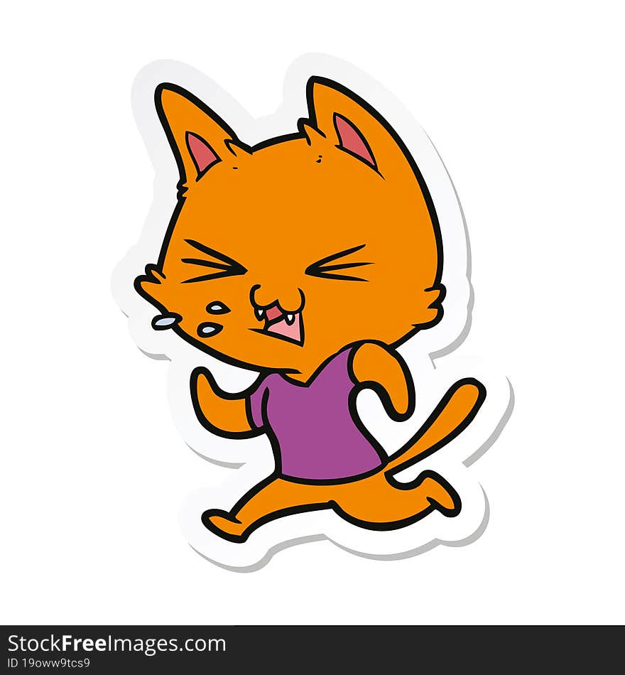 sticker of a cartoon running cat hissing