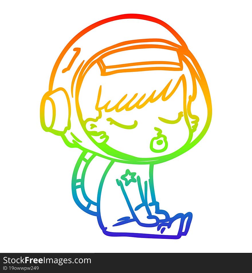 rainbow gradient line drawing of a cartoon pretty astronaut girl sitting waiting