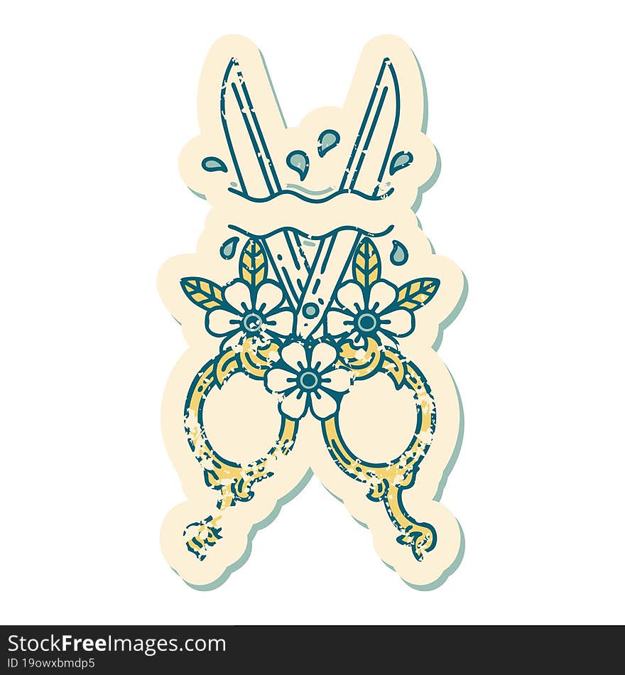 Distressed Sticker Tattoo Style Icon Of A Barber Scissors And Flowers