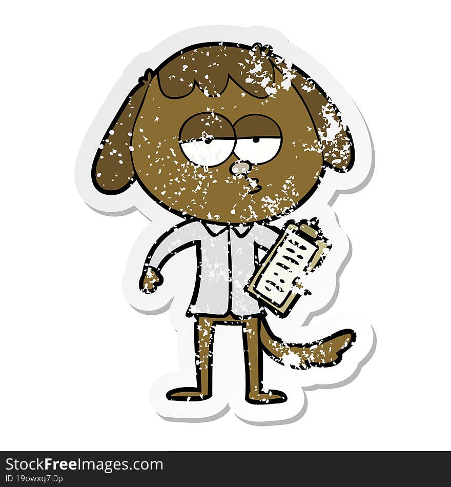 distressed sticker of a cartoon bored dog in office clothes