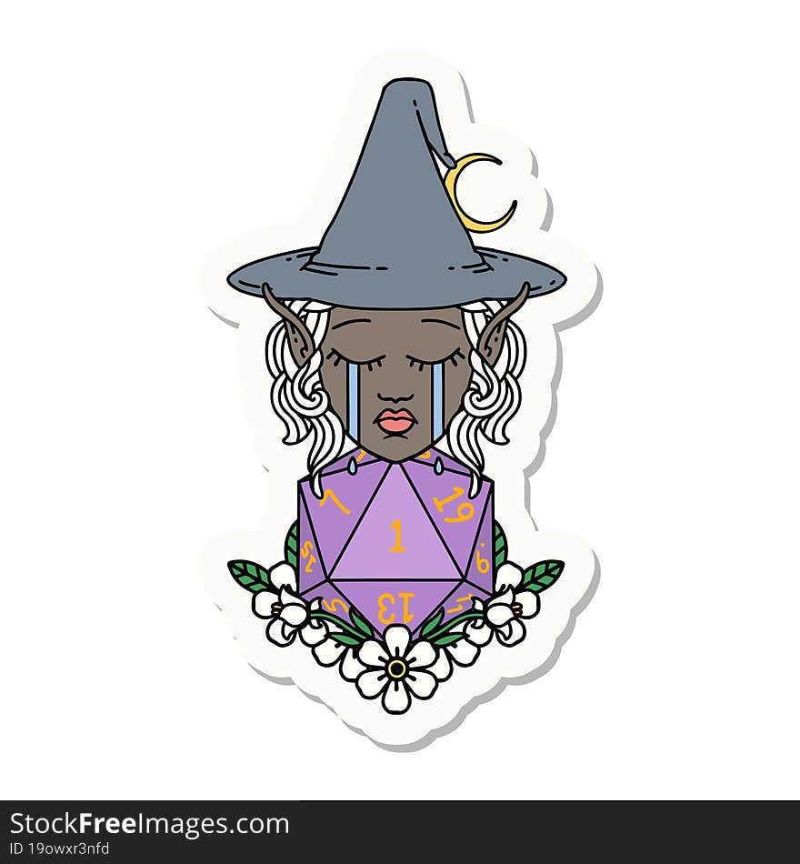 crying elf witch with natural one D20 roll sticker